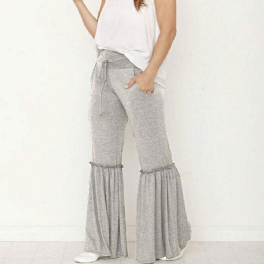Solid Color Drawstring Wide Leg Bell Bottom Ruffle Lounge Pants - Picture 4 of 4